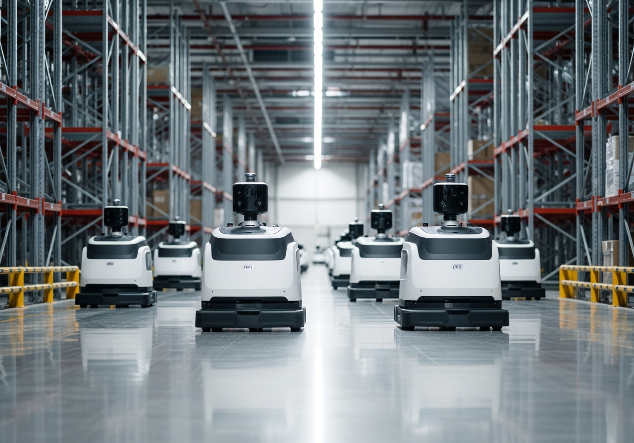 Fleet of autonomous mobile robots navigating a modern warehouse facility